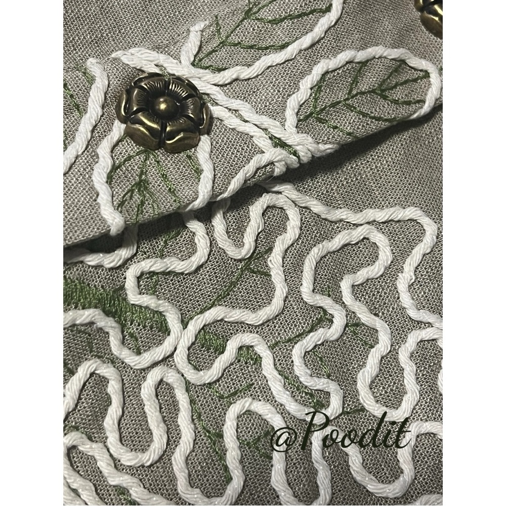GALITA Olive linen embroidered with raised stitching jacket and pant set size L - Picture 4 of 9